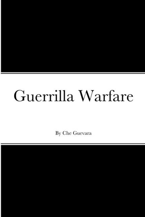 Boekomslag met de titel "Guerrilla Warfare" door Che Guevara, met zwarte en witte banden.