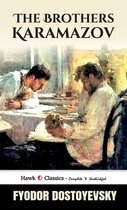 De voorkant van 'The Brothers Karamazov' van Fyodor Dostoyevsky, met een schilderij van twee mannen aan een tafel, een met een schedel.