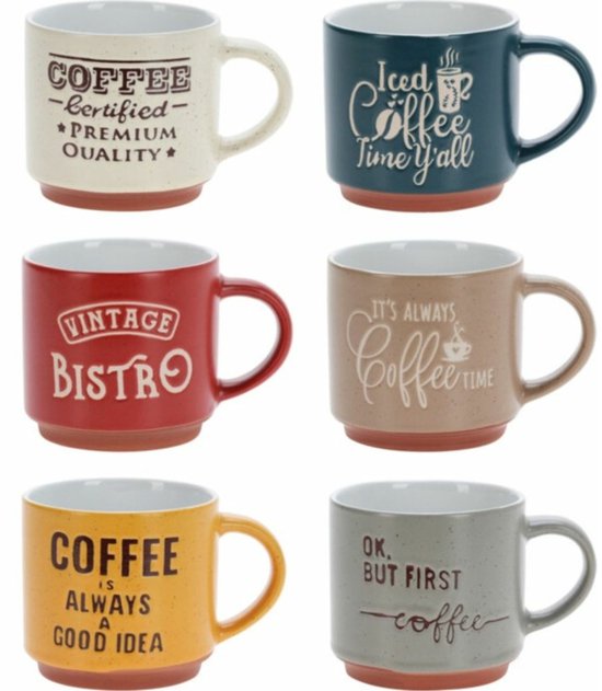 Tasses à café Siaki - Lot de 6 pièces - Faïence - Finition brillante - 260 ml - Tasses à thé