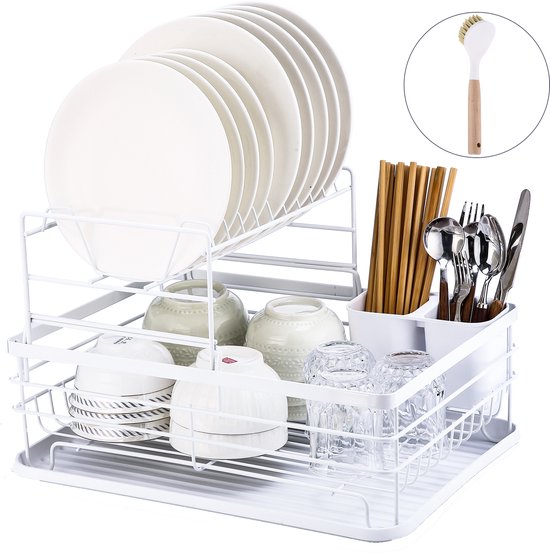 Behave Afdruiprek - 2-Lagen - Met Bestekbakje & Lekbak - Inclusief Afwasborstel - Ruimtebesparend - Borden/Glazen/Bestek - Metaal - Wit