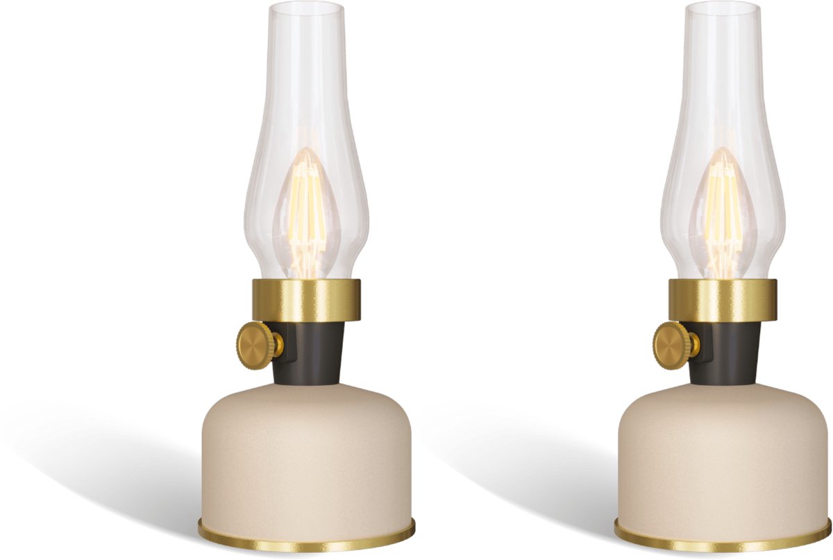 Calex Lavinio Oplaadbare Tafellamp - 2 Stuks - Draadloos - LED Olielamp - Camping Lamp - Binnen en Buiten - Warm Wit Licht - Dimbaar - Zand