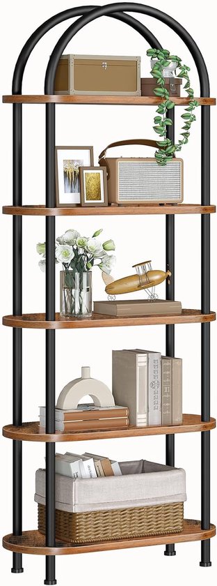 Sierra 5-Tier Boekenplank, Industriële Gebogen Staande Boekenkast Display Plank Rekken Opslag Plank Met Stalen Frame Hoge Boekenplank Voor Woonkamer Kantoor Eenvoudige Montage Rustiek Bruin