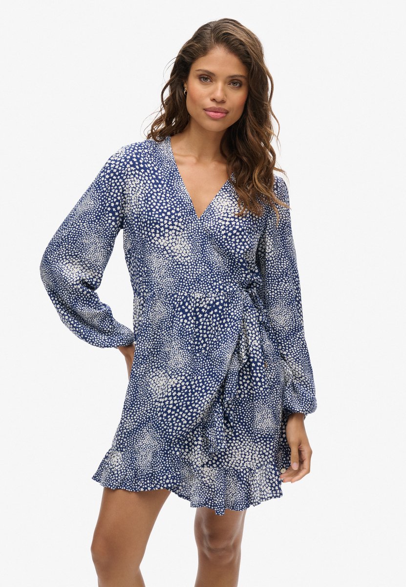Superdry Bedrukte wikkelmini-jurk met lange mouwen Dames Jurken Marineblauw
