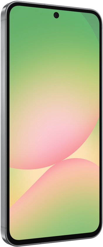 Grijze Samsung smartphone, schuin van voren, met scherm met pastelkleurige bubbels.