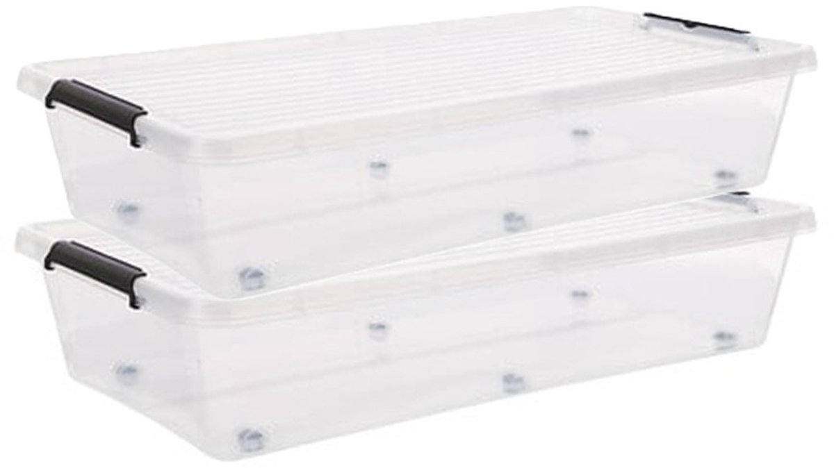 5Five® 5Five opberg kist met deksel - 2x - Clip Box - 35 liter - 76 x 39 x 16 cm - kunststof - transparant - met wielen