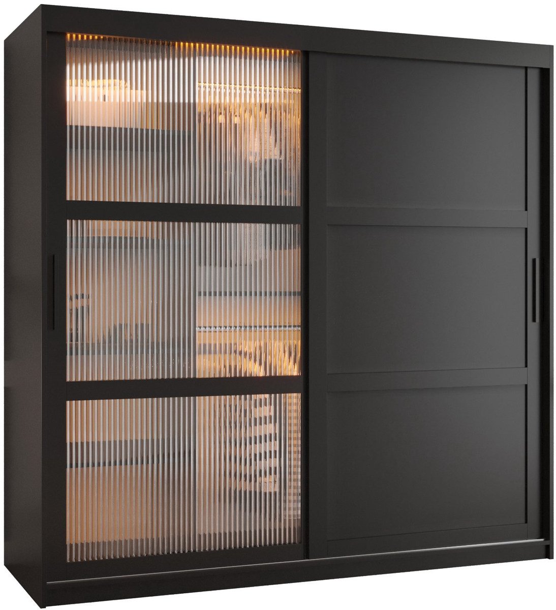 AJE Meubles B.V. Zweefdeurkast Kledingkast met 2 schuifdeuren glanzen slaapkamerkast Kledingstang met planken Garderobekast met geribbeld glas - ARTON 3 (180 cm, Zwart) met lades