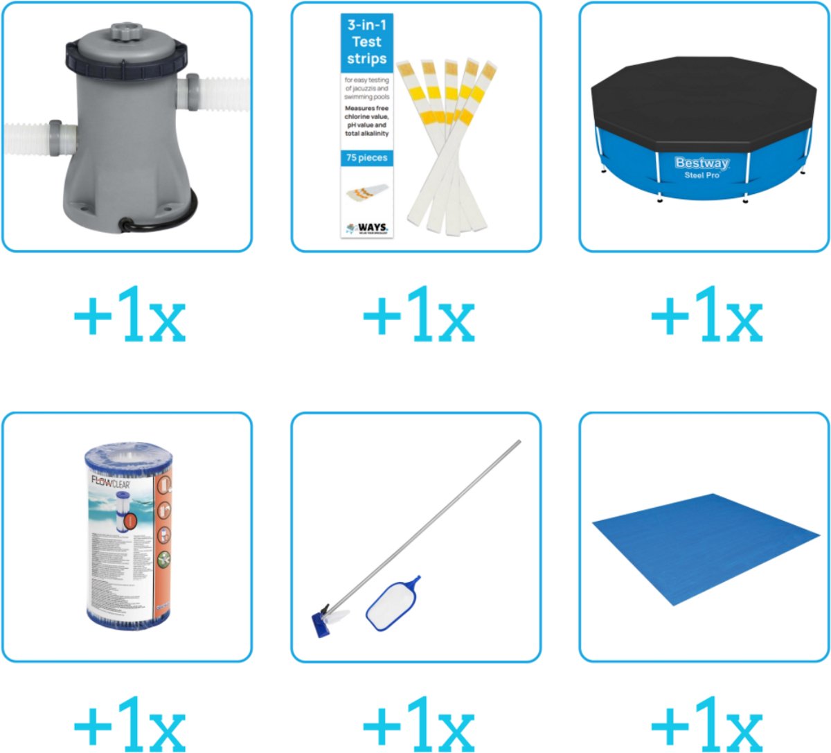Accessoires voor Bestway Fast Set Opblaasbaar zwembad - 305x76 cm - Rond - Bestway - 57266 - Pomp - Testrips - Afdekzeil - Filter - Schoonmaakset - Grondzeil