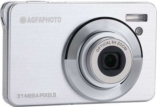 Zilverkleurige AgfaPhoto camera met 21 megapixels en optische 8x zoom lens.