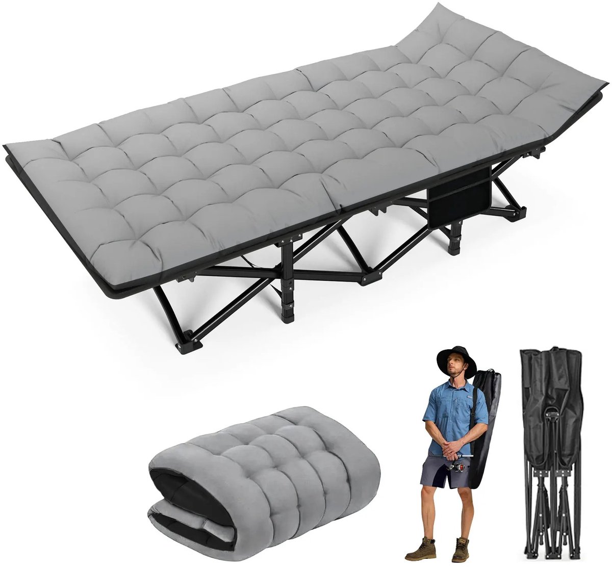 Opvouwbaar Campingbed - Campingbed - Opvouwbaar Kampeerbed - Kampeerbed - Veldbed - Slaapbed - Reisbed - Logeerbed - Strandbed - Draagbaar - Outdoor - Inklapbaar - Met Draagtas - 200KG Draagkracht - 190x71x37CM - Grijs