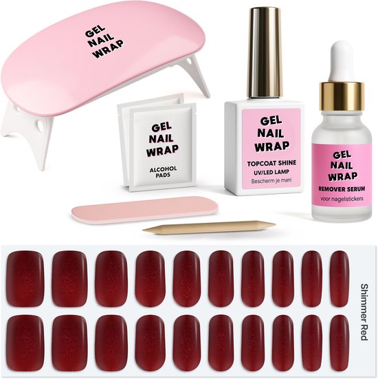 Gel Nail Wrap - Complete Starter Set - Rood - Shimmer Red - Gel Nail Wraps - Gel Nagel Stickers (incl. Instructievideo)