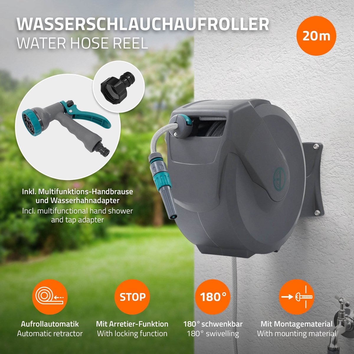 ECD Germany rollup tuinslanghaspel 20m+2m muurgemonteerde slanghouder met automatisch oprolmechanisme vergrendelingssysteem 9 sproeifuncties 180° zwenkbaar waterslangbox voor wandbevestiging ideaal voor tuin en terrasonderhoud – foto 2