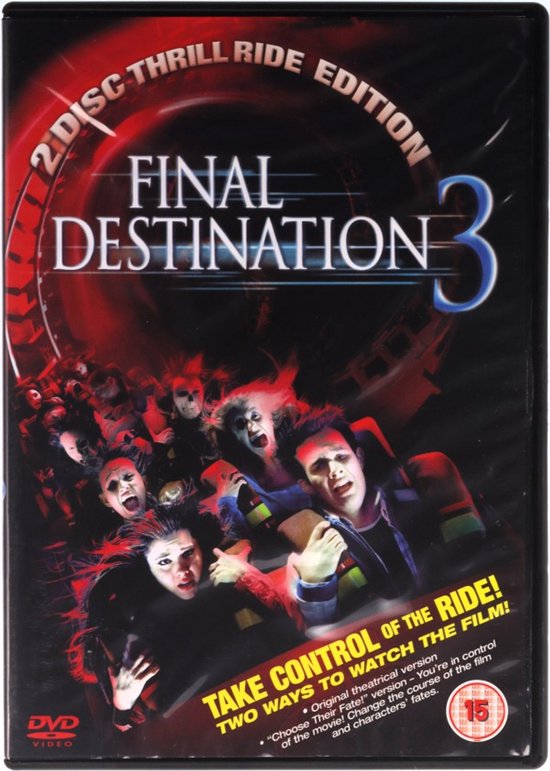 DVD hoes Final Destination 3, 2 DISC THRILL RIDE EDITION, met mensen in een achtbaan. "TAKE CONTROL OF THE RIDE!"