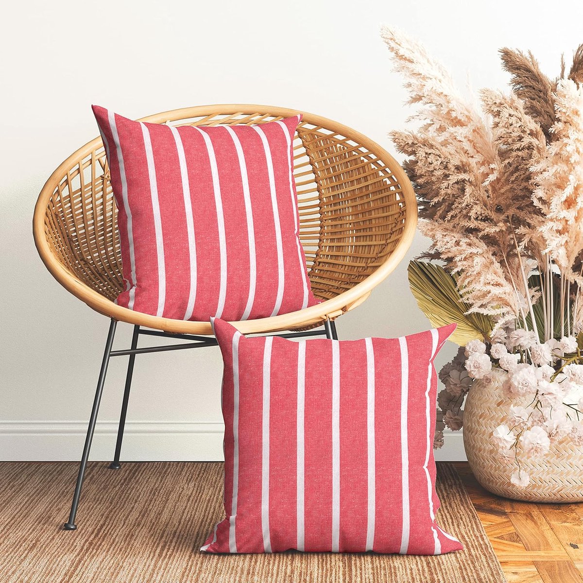 Ibenzoa Premium Katoenen Decoratieve Kussenovertrekken Set - Rode Strepen - 50x50 cm rood