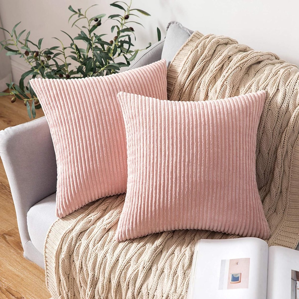 Ibenzoa Premium Corduroy Cushion Covers – Set of Two, 45x45 cm, Durable Fabric roze