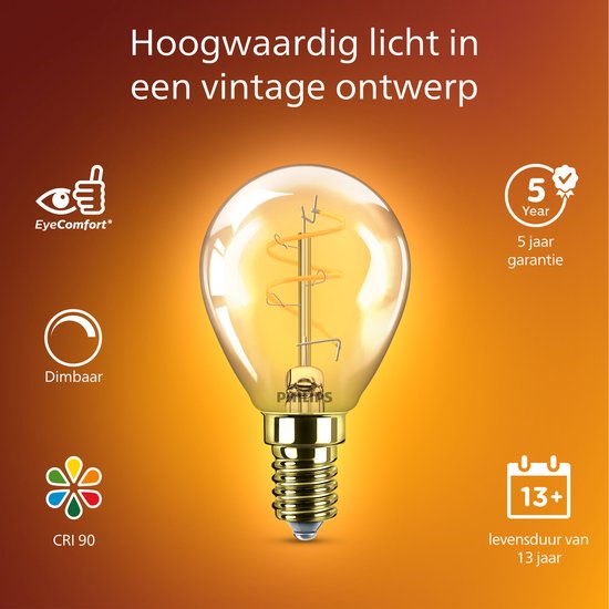 Philips LED Kogellamp Spiraal Goud 15W E27 Dimbaar Extra Warm Wit Licht