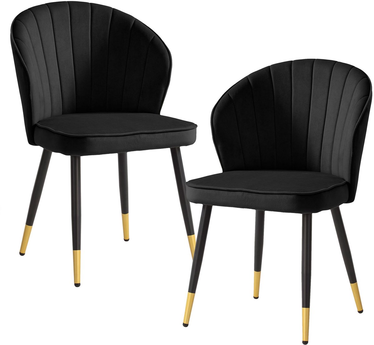 Eetkamerstoel set van 2 fluwelen zwarte keukenstoel met metalen poten, schelpstoel Scandinavisch design, gestoffeerde stoel met stoffen bekleding, stoel gestoffeerd