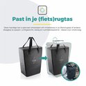 Zwarte koeltas die in een doorzichtige plastic hoes wordt geschoven, naast een persoon met een rugzak.