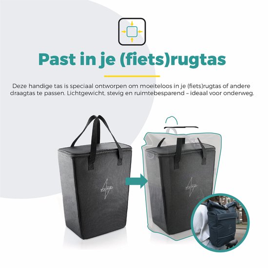 Zwarte koeltas die in een doorzichtige plastic hoes wordt geschoven, naast een persoon met een rugzak.