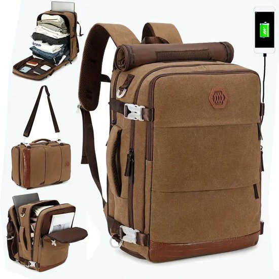 Bruine canvas rugzak met bruine leren accenten. De tas is open met kleding, een laptop erin en als schoudertas.