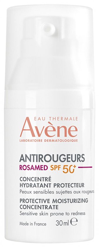 Witte flacon met pompje. Avène Antirougeurs Rosamed SPF50+. Beschermende hydraterende concentrate. 30 ml.