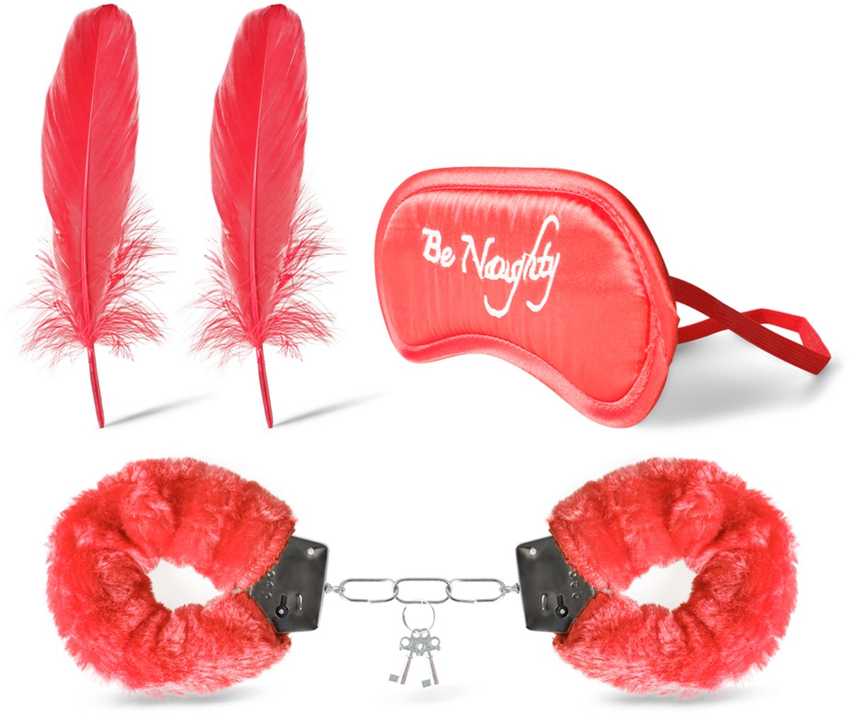 Be Naughty Verleidingsset – Fluffy Handboeien, Satijnen Oogmasker & Teaser Veertjes – Erotisch Speelplezier voor Koppels