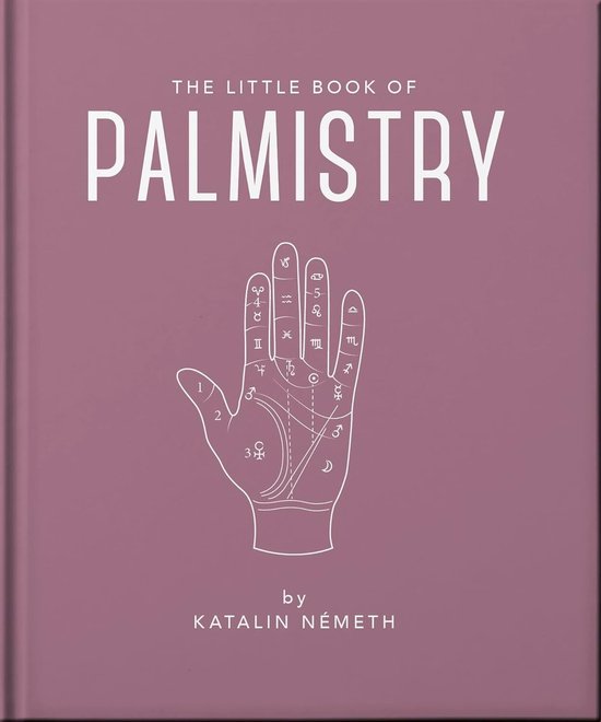 Het roze boek 'The Little Book of Palmistry' met een illustratie van een hand met palmistry tekens. Geschreven door Katalin Németh.