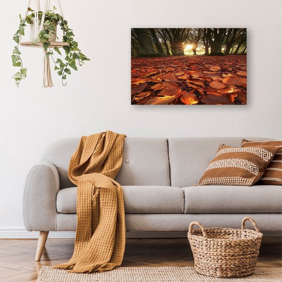 Zonlicht door herfstbos bladeren - Herfst canvaskunst - Wandkunst bladeren - Realisme - Woonkamer decoratie industrieel - Canvas schilderijen woonkamer - canvas 100x75 cm