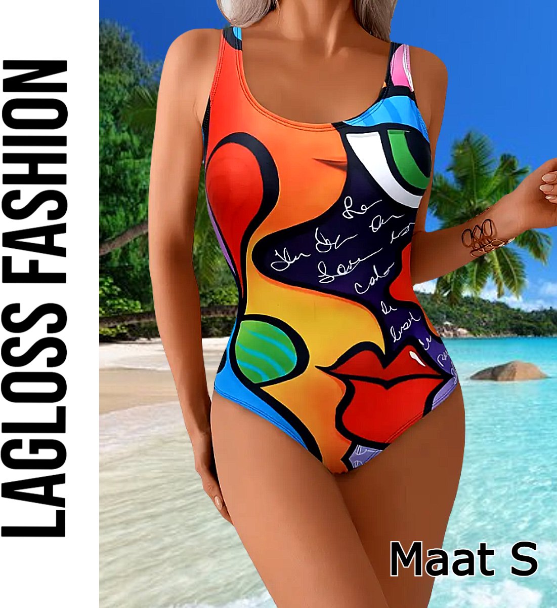 LaGloss ® Badpak Multicolor Kunstprint – Trendy Eendelig Damesbadpak met Mode Design – Rood