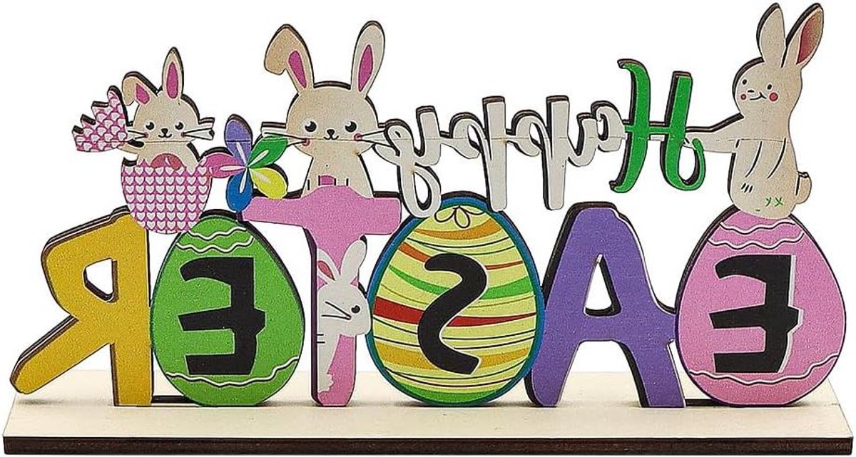 Paastafeldecoraties - Houten Tafelbord Happy Easter Bunny Stand | Lentehouten Tafelmiddenstukken voor Paasfeestdecoratie | Binnenhuisdecoratie