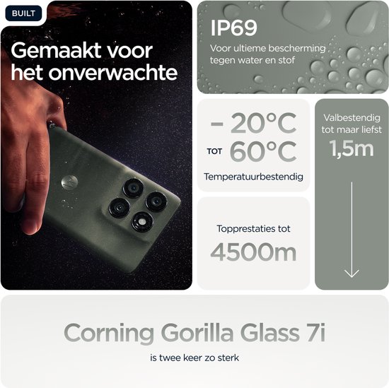 Motorola Edge 60 Pro met IP69 bescherming, bestand tegen -20°C tot 60°C, valbestendig tot 1.5m en 4500m hoogte.