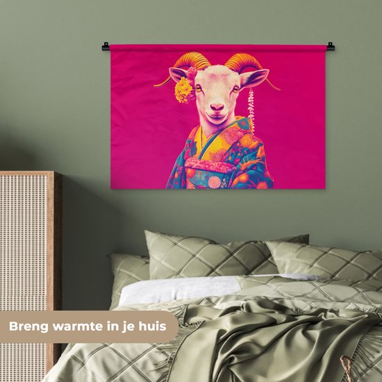 Tapisserie murale 90x60 cm - Tapisserie murale Chèvre - Cornes - Kimono - Colorée - Tapisseries