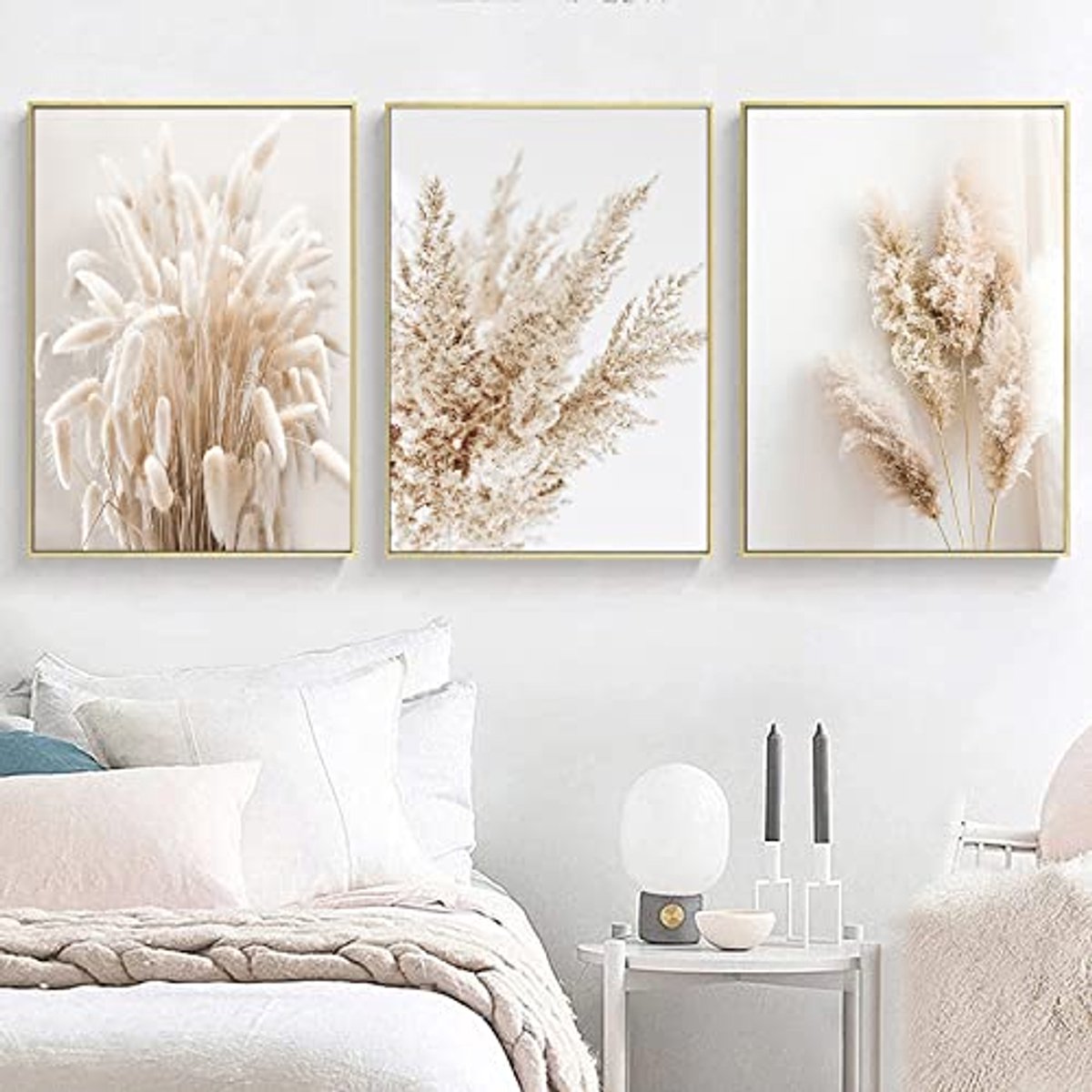 Ibenzoa Set van 3 Boho Wanddecoraties met Pampasgras voor Slaapkamer en Woonkamer, Vintage Posterset Zonder Lijst beige