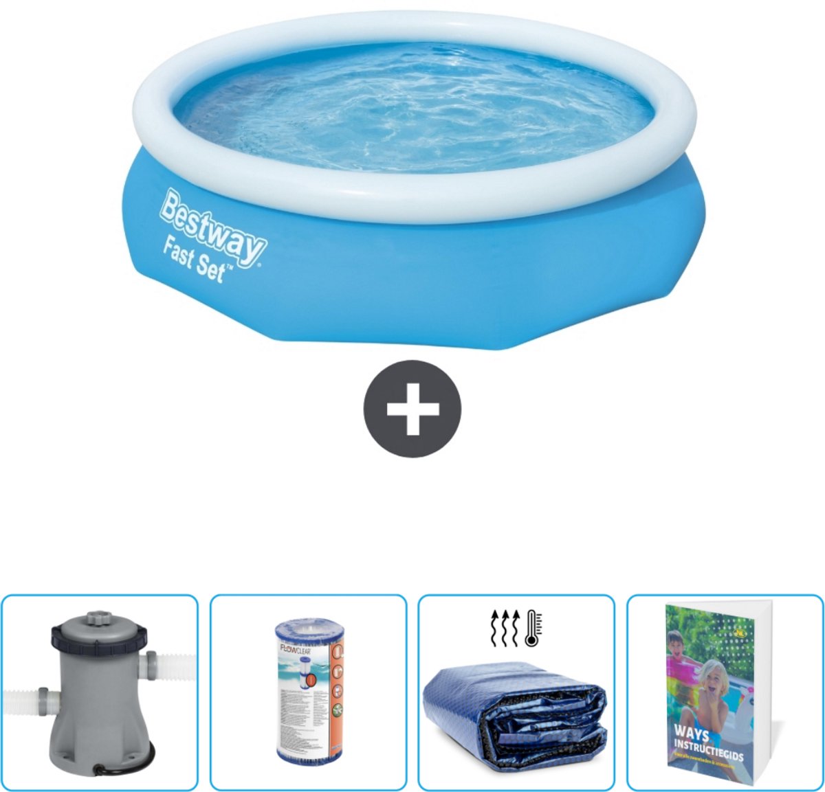 Bestway Rond Opblaasbaar Fast Set Zwembad - 305 x 76 cm - Blauw - Inclusief Pomp Filter - Solarzeil - Zwembadgids