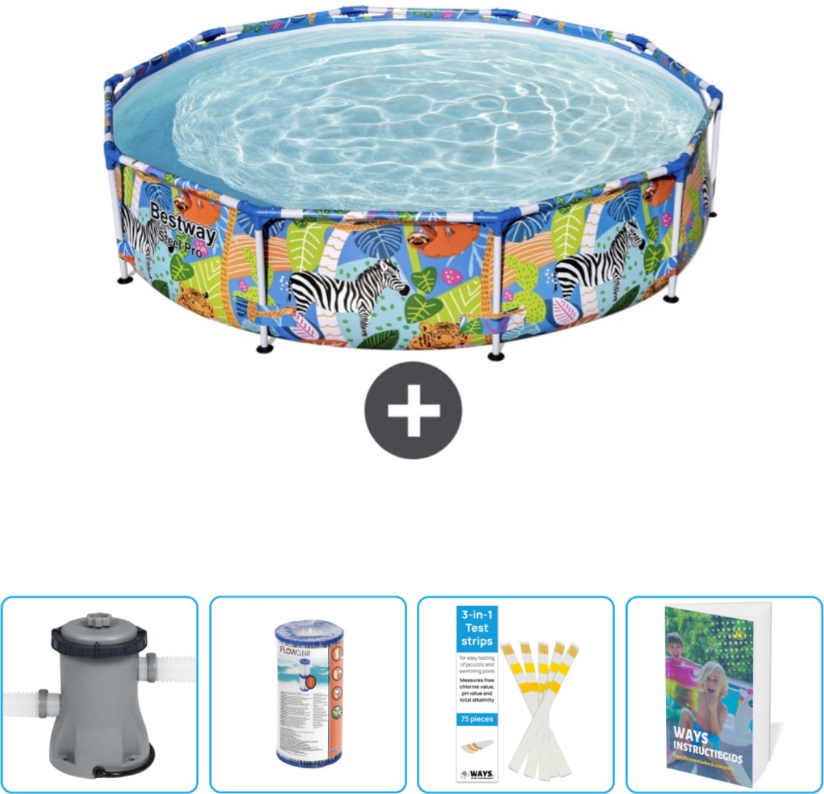 Bestway Rond Steel Pro Zwembad - 305 x 66 cm - Jungleprint - Inclusief Pomp - Filter - Testrips - Zwembadgids