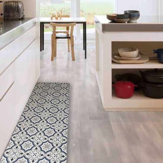 JYG Vloerkleed Orval - Keukenloper - Keukenmat - Vinyl - Vintage - 60x160cm - Blauw - Grijs - Ecru