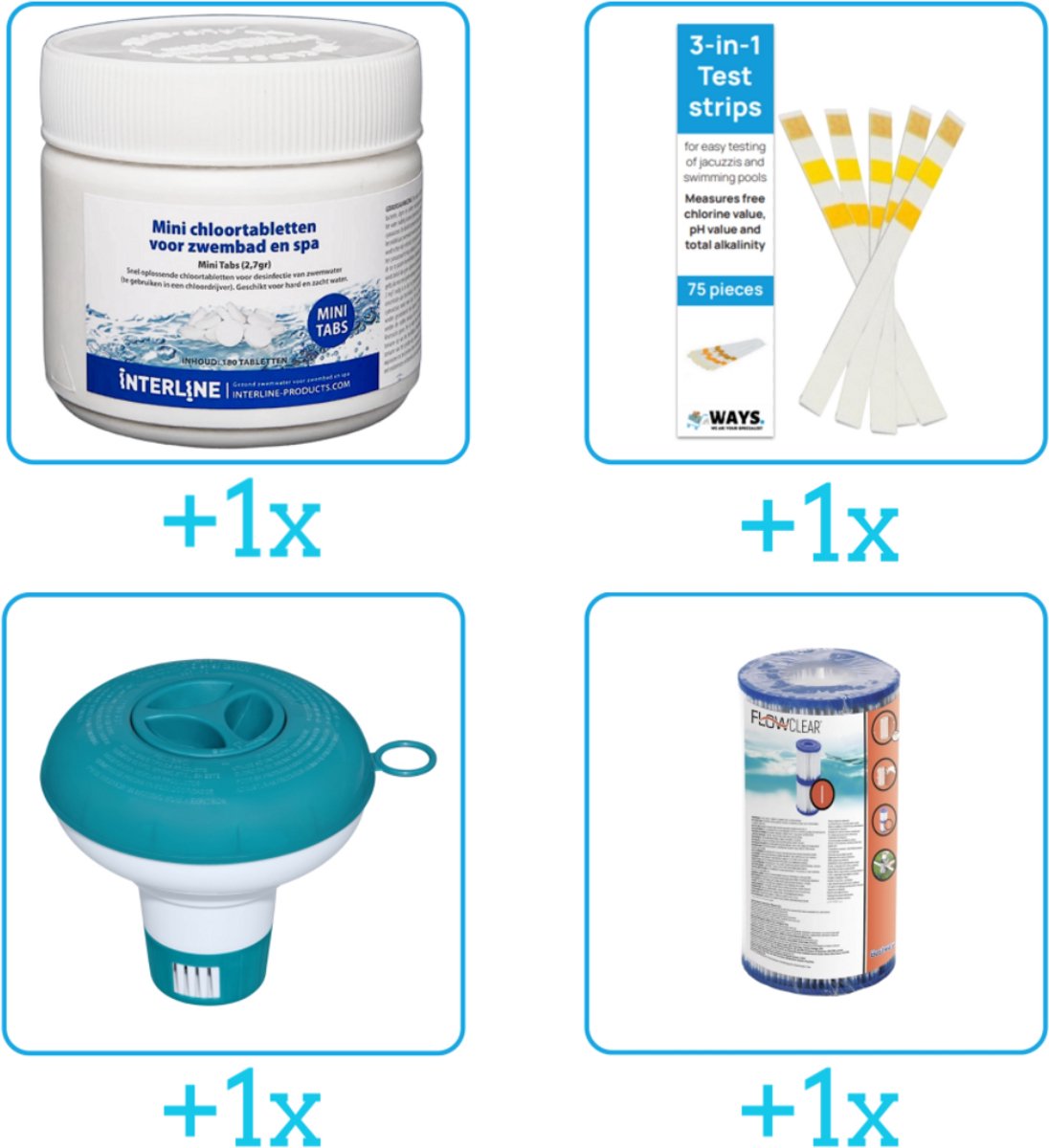 Zwembad Onderhoudsset – Startersset bevat Chloor – Testrips – Chloordrijver en Filter – Interline Onderhoud Starterspakket – Voor zwembaden en Spa’s – Voor kleinere zwembaden tot 2500 liter (4-delig) Zwembad Onderhoudsset – Startersset bevat Chloor – Testrips – Chloordrijver en Filter – Interline Onderhoud Starterspakket – Voor zwembaden en Spa’s – Voor kleinere zwembaden tot 2500 liter (4-delig)