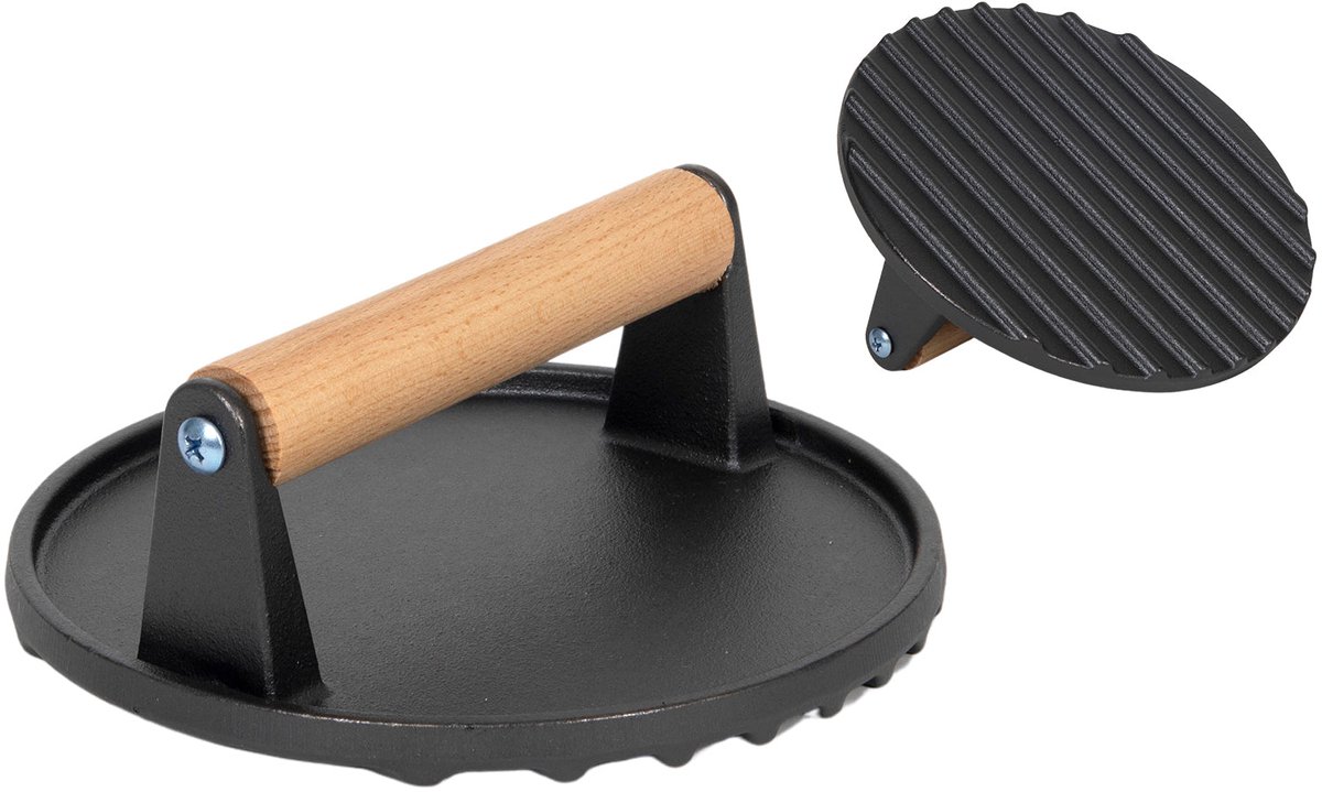 Blackwell Hamburgerpers Cook & Grill Zwart Ø 18 cm - Gietijzer Met Houten Handgreep - Zwaar Gewicht Voor Gelijkmatige Druk