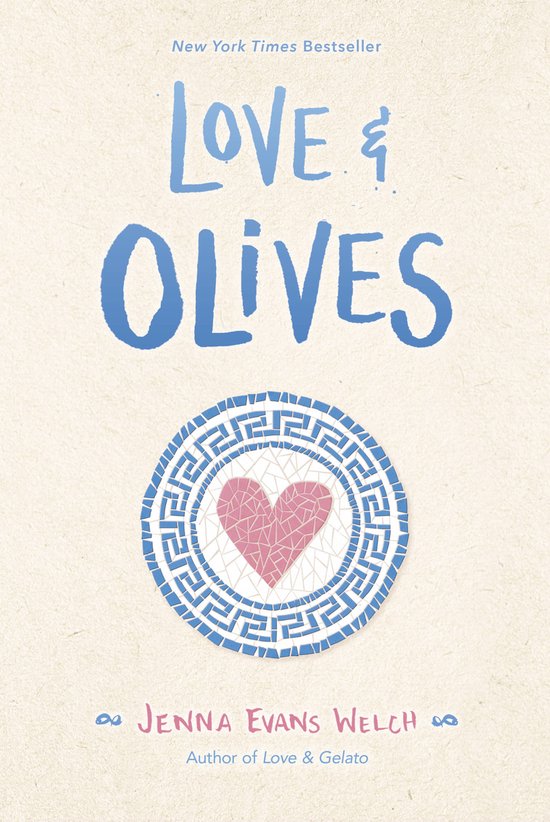 Boekcover met de titel 'LOVE & OLIVES' in blauwe letters en een roze hart in Grieks patroon.