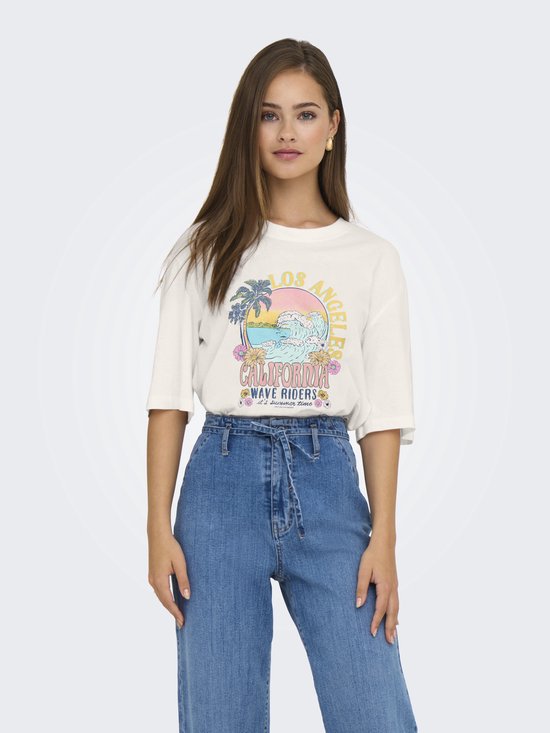 Jacqueline de Yong T-shirt Jdybena S/s Loose Fit Print Top Jrs 15345725 Cloud Dancer/los Angeles Dames Maat - L