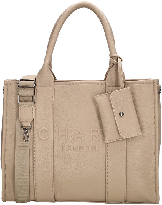 Beige handtas met 'CHARM LONDON' in reliëf. Met afneembare schouderband en een klein etui aan de voorkant.