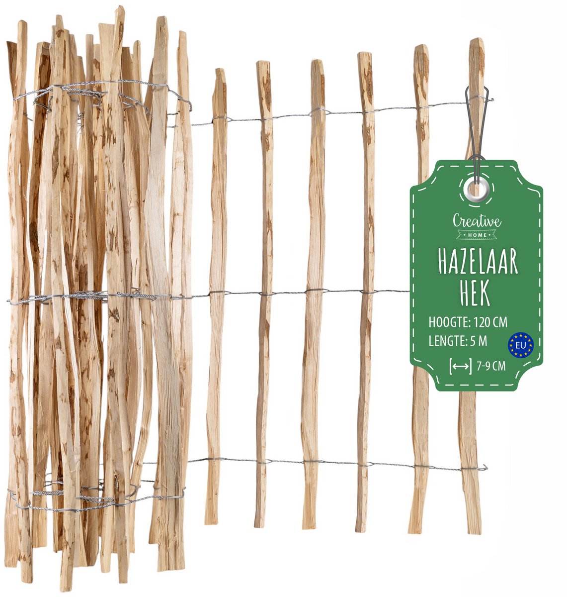 Creative Home houten schutting 120cm hoog en 5m lang | hazelnoot schutting | rolschutting | lamelafstand 7-9 cm | schutting tuin Ideaal als gazonrand bloemperk rand gemaakt van hazelnoot