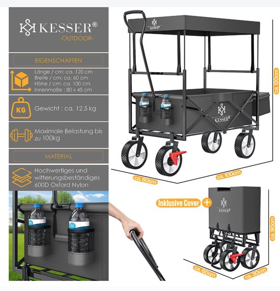 KESSER® opvouwbare bolderwagen met dak handkar transportwagen apparatuurwagen — afbeelding 5
