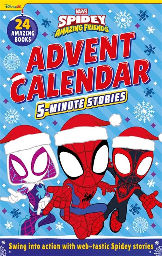 Marvel Spidey and his Amazing Friends: Calendrier de l'Avent avec 24 livres, histoires de 5 minutes. Spidey, Spidey Gwen et Miles Morales portent des bonnets de Noël.