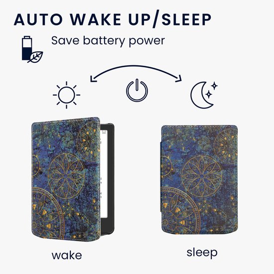kwmobile e-reader hoesje geschikt voor Pocketbook Verse / Verse Lite / Verse Pro / Color / Vivlio Light/Light HD hoes - E reader flip case met magnetische sluiting - Ereader cover - Mandala design in geel / donkerblauw van Merkloos — afbeelding 2