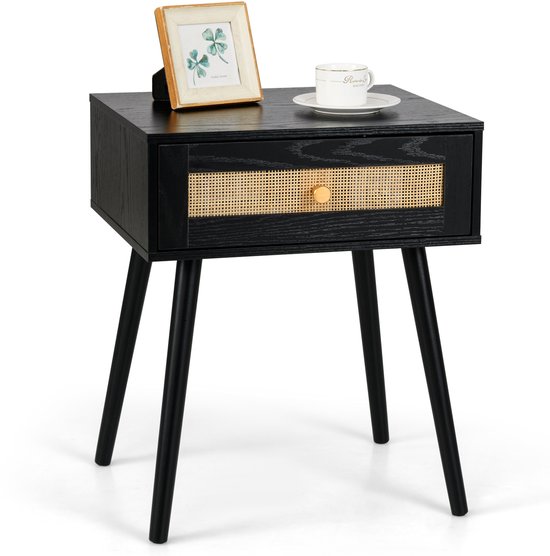 COSTWAY Nachtkastje met 2 laden, nachtkastje met rotan design en massief houten poten, bijzettafel, nachtkastje in boho-stijl, banktafel voor slaapkamer, woonkamer, eiken, 40 x 40 x 59 cm