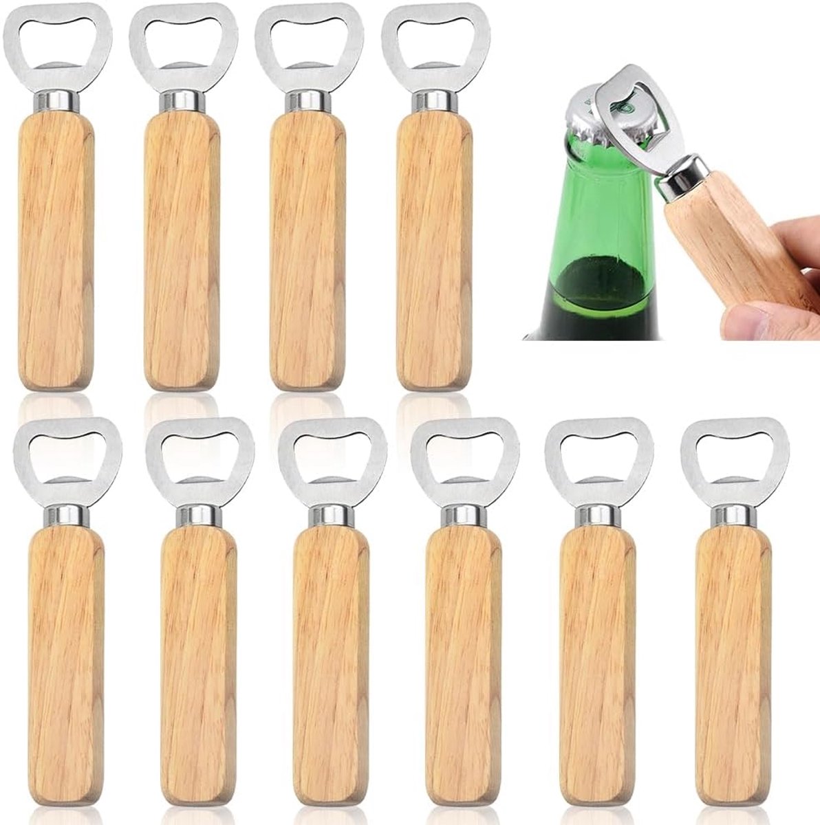 Duurzame Houten Flesopeners - 10 Stuks met Gepersonaliseerd Handvat - Ideaal voor Cadeaus en Feestjes