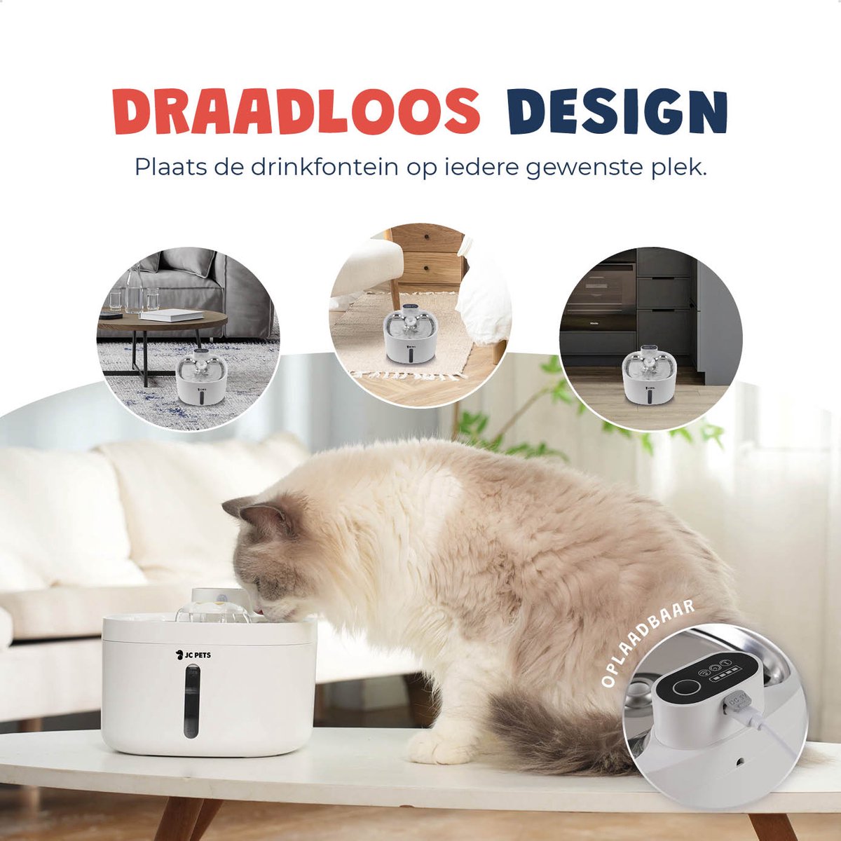 JC Pets Premium Drinkfontein voor Kat en Hond - Draadloze Waterfontein met Sensor - Katten Fontein - Waterbak Automatisch - RVS - Fluisterstil - Inclusief 9 filters - Wit thumbnail 2