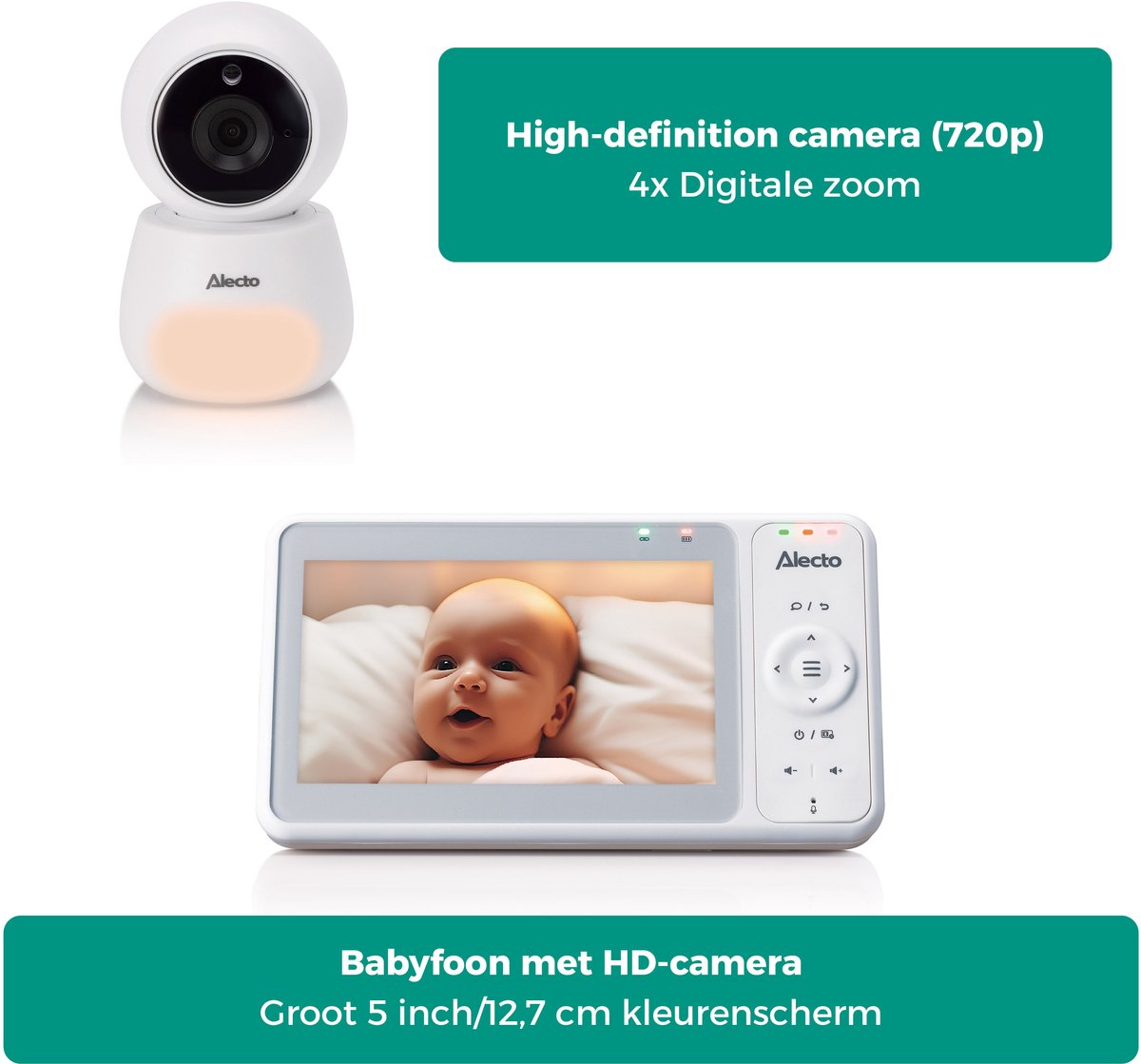Afbeelding 3 van Alecto Babyfoon met Camera - Pro Collection - HD Camera - Groot 5 inch Scherm - Op afstand bestuurbaar - Uitbreidbaar tot 4 camera's - Nachtlampje - DVM2050 - Wit