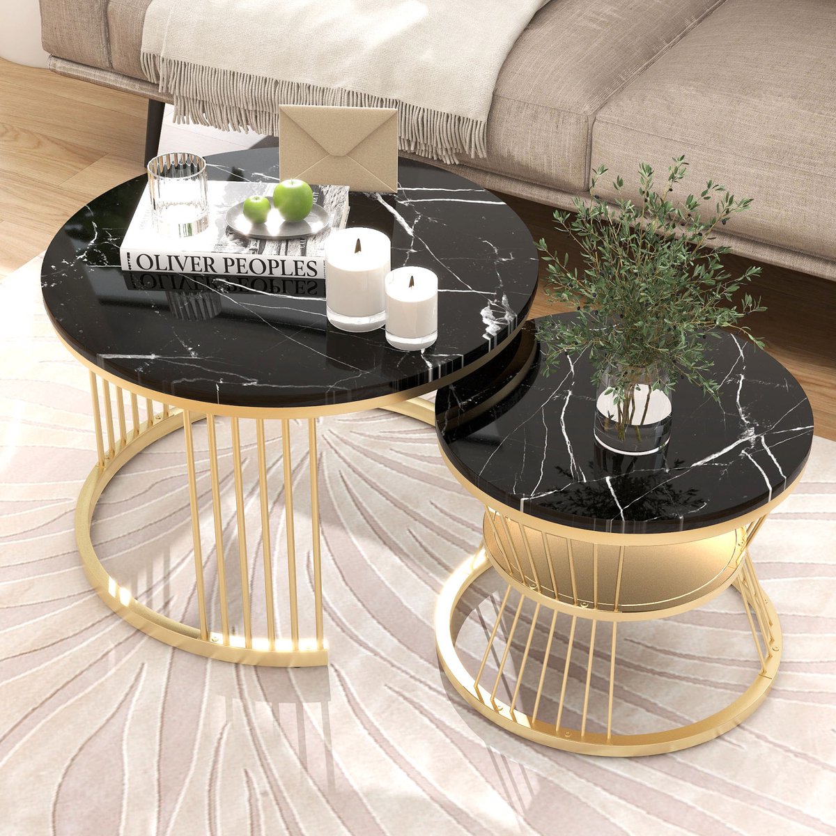 Set van 2 ronde salontafels 70/45 cm, salontafel met meerdere poten, blad met marmermotief, vergulde metalen poten, geschikt voor woonkamer, koffiekamer, woonkamer - Zwart Goud