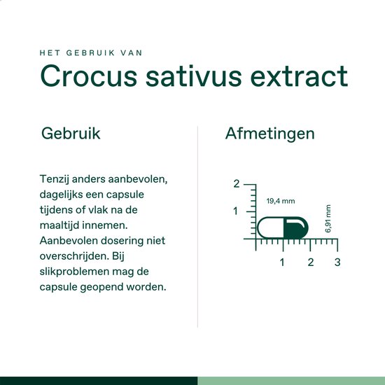 Afmetingen van een capsule (19,4 mm bij 6,91 mm) met gebruiksaanwijzing voor "Crocus sativus extract".